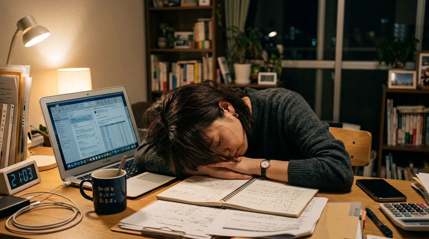 仕事で疲れ果てた様子