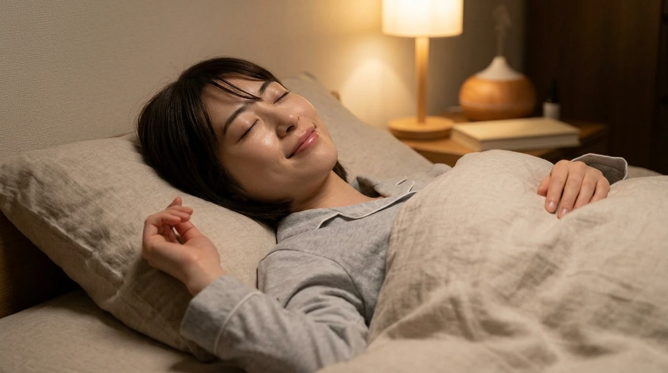 ベッドに滑り込む寝落ち寸前の姿