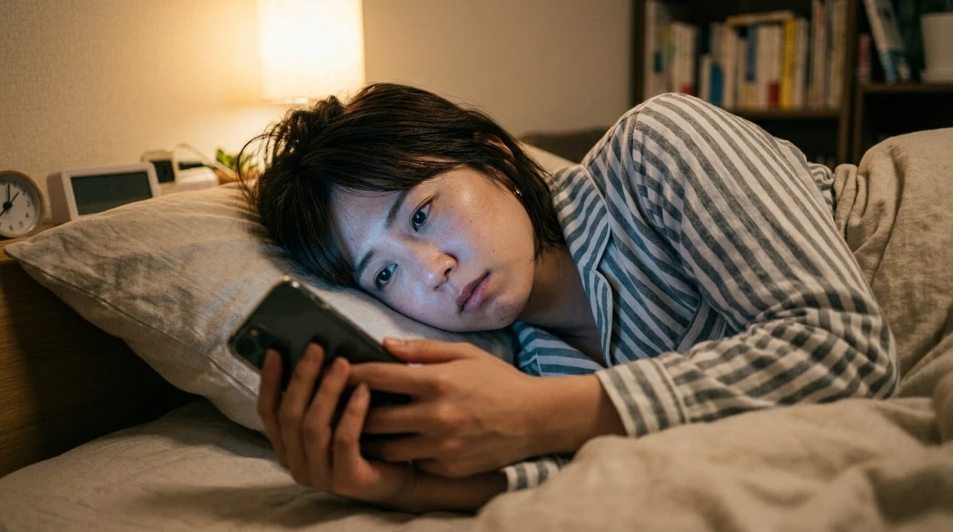 ベッドでスマホを見る様子